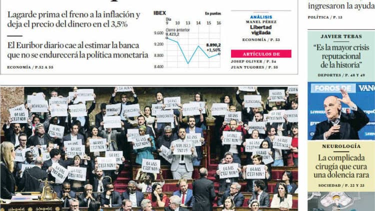 La une de la Vanguardia du 17 mars 2023 
