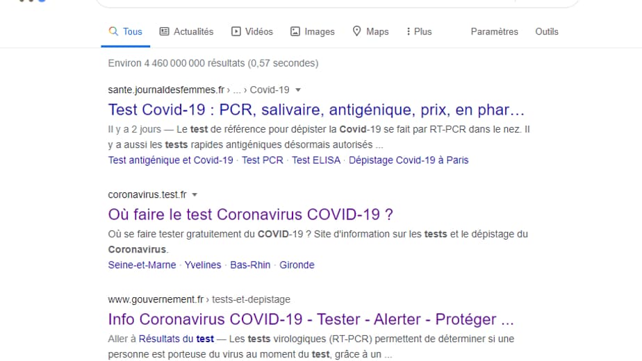 Recherche Google des termes "test covid" Recherche Google des termes "test covid"