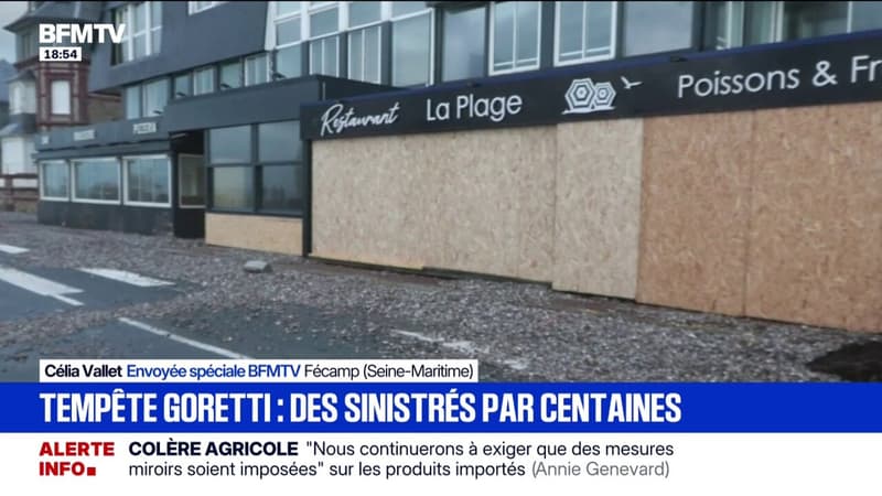 Des galets ont frappé des vitrines à Fécamp, en Seine-Maritime, pendant la tempête Goretti