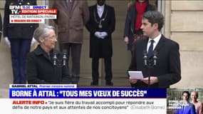 "Tu as été une Première ministre d'action et de courage": Gabriel Attal remercie Élisabeth Borne lors de la passation de pouvoirs à Matignon