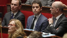 Olivier Dussopt, Gabriel Attal et Jean-Michel Blanquer le 28 janvier 2020 à l'Assemblée nationale 