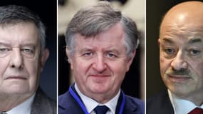 Ce photo-montage réalisé le 17 mars 2024 montre (de gauche à droite) l'ex-secrétaire général de l'Elysée Jean-Pierre Jouyet (le 21 février 2024); le patron d'Aéroports de Paris (ADP) Augustin de Romanet (à Chantilly le 11 janvier 2024); le crimonologue et professeur au Conservatoire national des arts et métiers (CNAM) Alain Bauer (à Paris, le 30 septembre 2022). Leur procès, pour favoritisme à la Caisse des dépôts, est prévu à partir de jeudi et pour une semaine à Paris