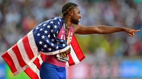 Noah Lyles champion du monde du 100m, le 20 août 2023 à Budapest.