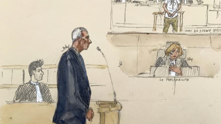 Ce croquis d'audience, réalisé le 10 juin 2024 au tribunal de Rennes, montre le commissaire Grégoire Chassaing, poursuivi pour la mort de Steve Maia Caniço, durant la Fête de la musique à Nantes en 2019