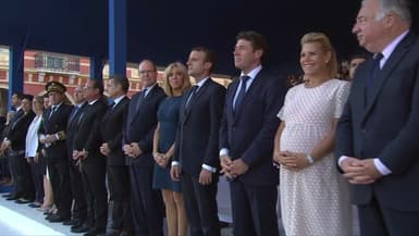 François Hollande, Emmanuel Macron et Nicolas Sarkozy en compagnie de Christian Estrosi lors de la cérémonie d'hommage aux victimes de l'attentat de Nice le 14 juillet 2017