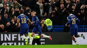 Mykhailo Mudryk célèbre son but de l'égalisation lors de Chelsea-Newcastle (1-1, 4 t.a.b. 2) en League Cup, le 19 décembre 2023