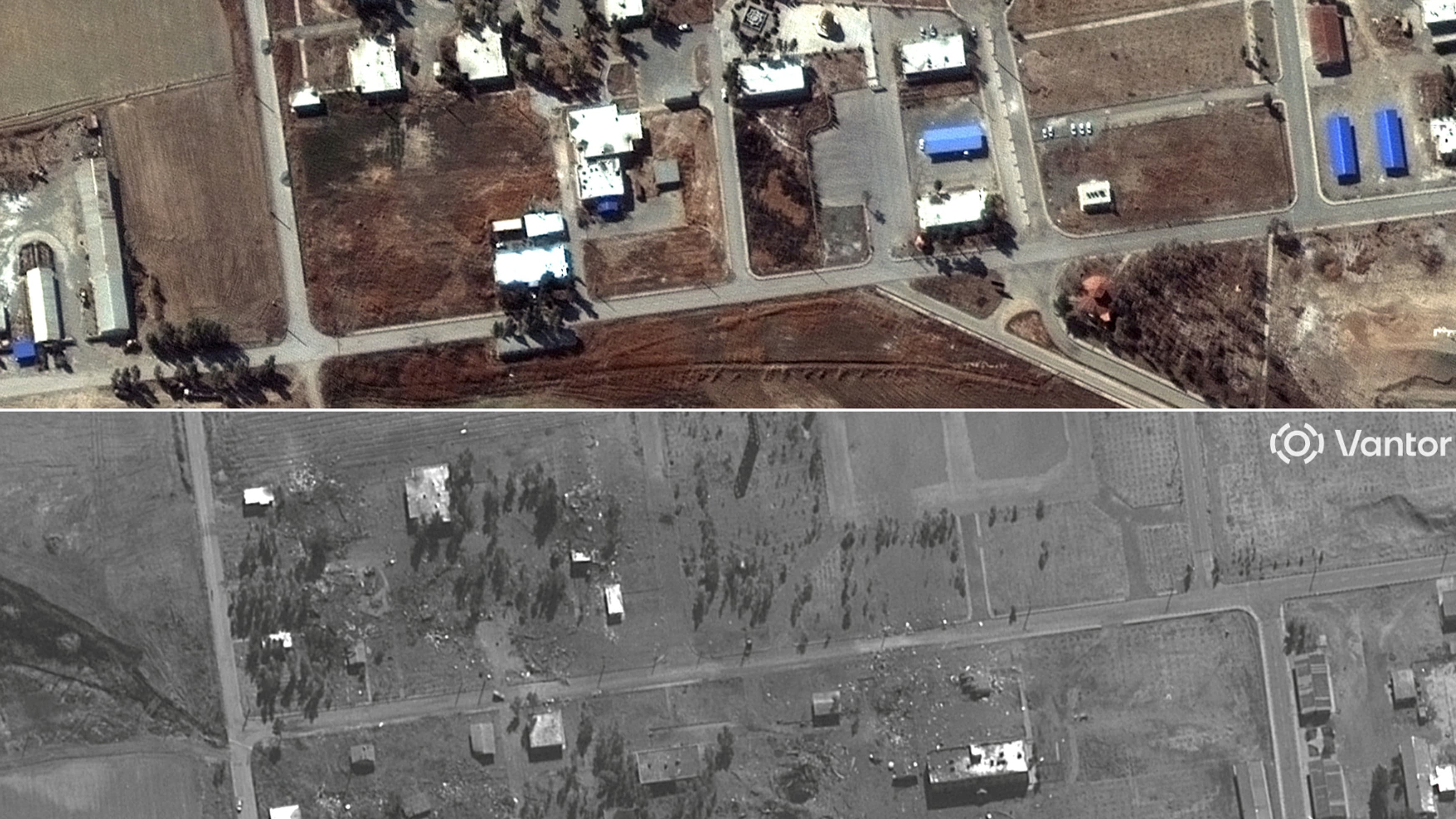 This satellite image, released on March 11, 2026, shows a view of the Hakimabad garrison, about 30 km south of Tehran, Iran, on February 22, 2026 (above) and on March 11, 2026 after air strikes. © SATELLITE IMAGE ©2026 VANTOR