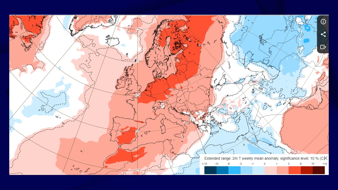 Anomalies moyennes hebdomadaires des températures à deux mètres du sol du 7 au 14 novembre