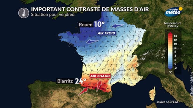 Un important contraste de masses d'air entraînera de fortes différences de températures ce vendredi 