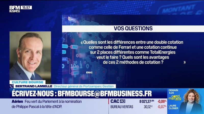 Culture Bourse : « Quelles subtiles différences entre une double cotation comme celle de Ferrari et une cotation continue sur 2 places différentes comme Total Énergies veut le faire ? », par Aude Kersulec - 12/02