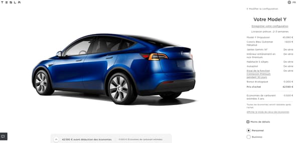 Le tarif du "prix d'achat" dépasse les 47.000 euros, mais ce Tesla Model Y est bien éligible au bonus écologique.