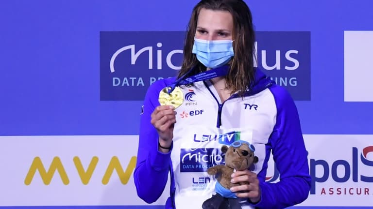 Marie Wattel médaillée d'or sur 100 m papillon aux Championnats d'Europe de Budapest, le 18 mai 2021