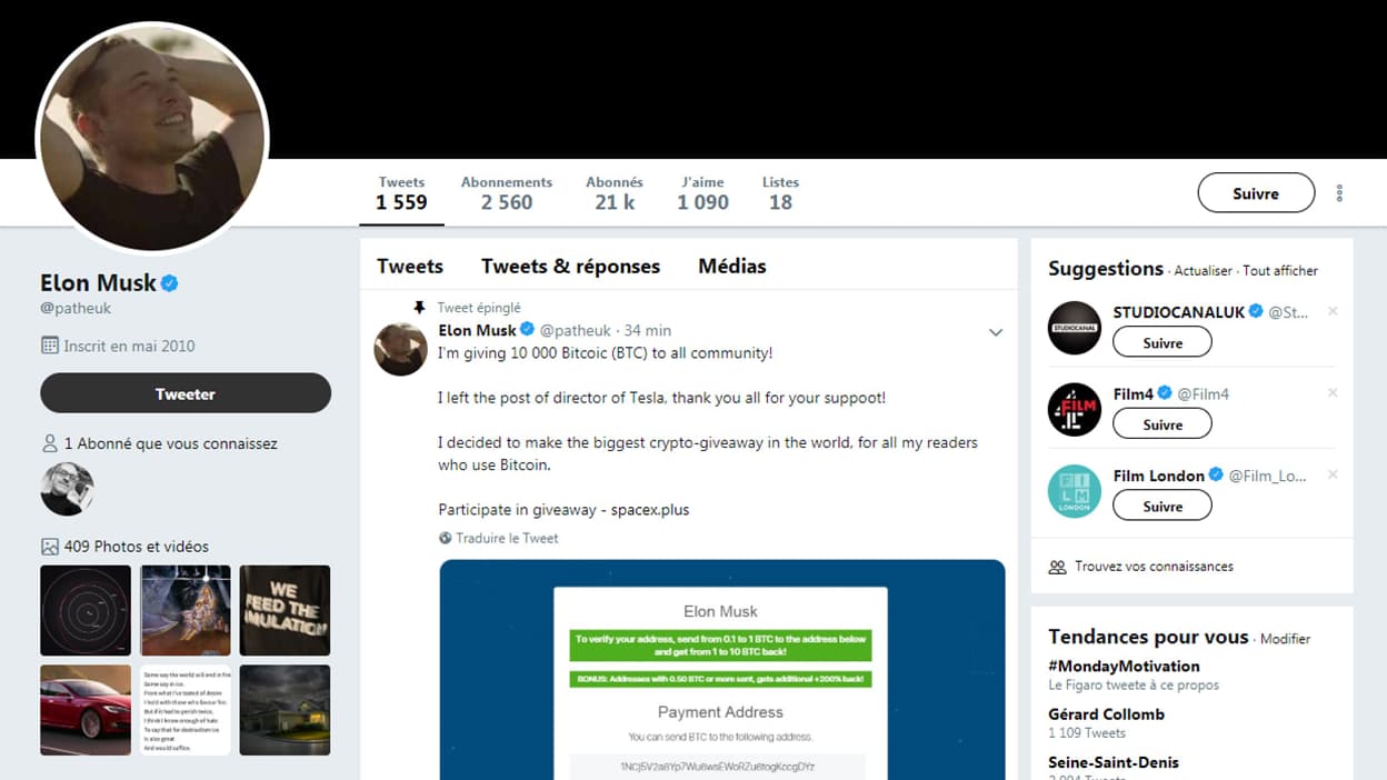 Twitter: le compte de Pathé se transforme en Elon Musk et diffuse une  arnaque au bitcoin