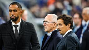 Medhi Benatia, Frank McCourt et Pablo Longoria avant OM-Auxerre (1-3, L1), le 8 novembre 2024