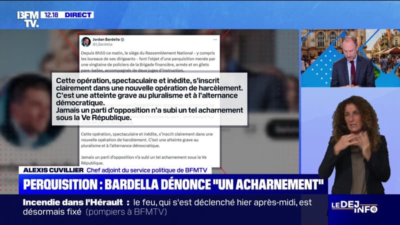 Perquisition au siège du RN: Jordan Bardella dénonce 