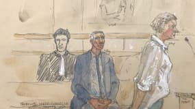 Un dessin montre le commissaire Grégoire Chassaing au tribunal de Rennes, son avocat Louis Cailliez et la mère de Steve Maia Caniço, le 10 juin 2024, à l'ouverture du procès pour l'homicide involontaire du jeune homme de 24 ans.