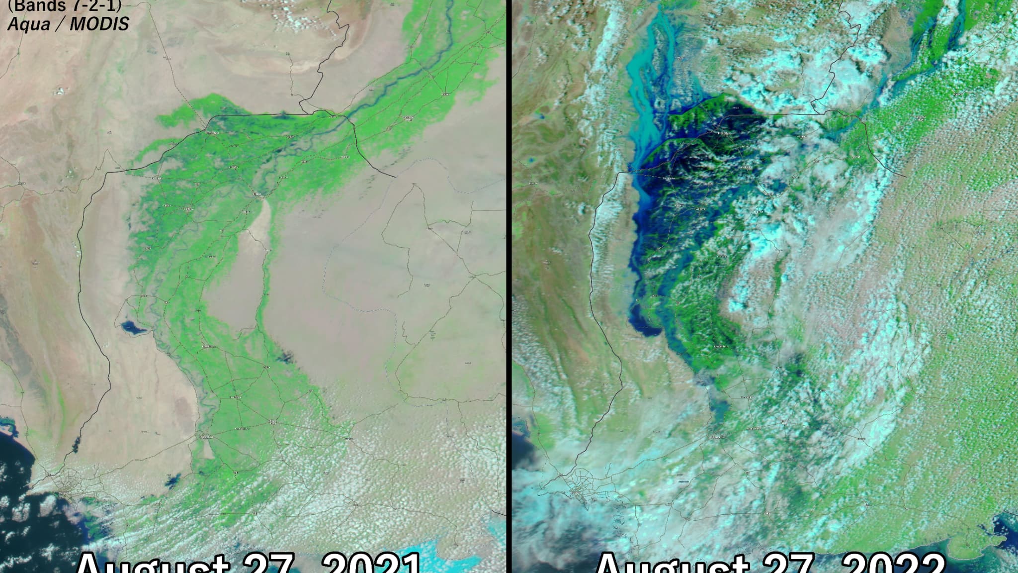 Images satellites montrant les inondations dans le sud du Pakistan en août 2022, et une comparaison avec la même région en 2021. Images satellites montrant les inondations dans le sud du Pakistan en août 2022, et une comparaison avec la même région en 2021.