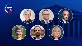Elisabeth Borne, Damien Abad, Sandrine Rousseau, Manuel Bompard, Marine Le Pen et Eric Zemmour, tous candidats aux élections législatives des 12 et 19 juin 2022.