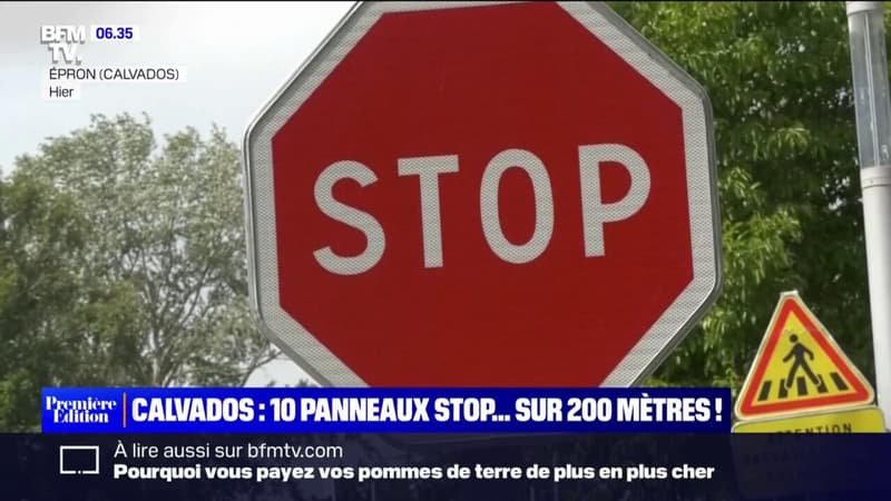 10 panneaux stop installés sur 200 mètres dans une rue d'Épron, dans le Cavaldos,