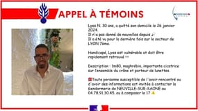 Un appel à témoins a été lancé par la gendarmerie du Rhône pour tenter de retrouver Lyes N.