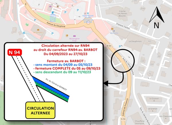 Un alternat de la circulation sera mis en place au droit de l’avenue de Provence (RN94) du lundi 4 septembre 2023 jusqu’à la fin du mois d’octobre.