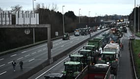 Des agriculteurs se rassemblent lors d'une manifestation alors qu'ils bloquent la rocade de Bordeaux, dans le sud-ouest de la France, le 24 janvier 2024.