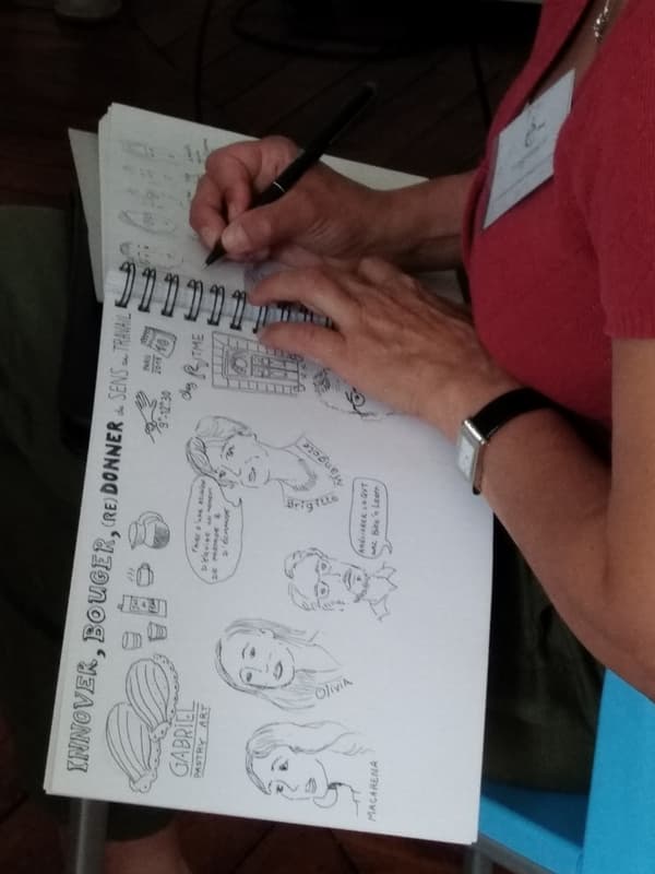 Réalisation d'un sketchnote en direct par Sophie Lenormand. Réalisation d'un sketchnote en direct par Sophie Lenormand.
