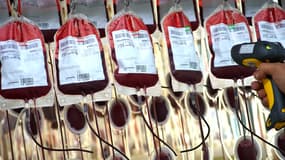 Des sacs de sang complet sont scannés dans un centre de logistique de la Croix Rouge, en Allemagne.