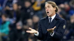 Le selectionneur italien Roberto Mancini lors du match nul de l'Italie face à l'Irlande du nord, synonyme de barrages pour tenter de se qualifier pour le Mondial 2022, le 15 novembre 2021 à Belfast 