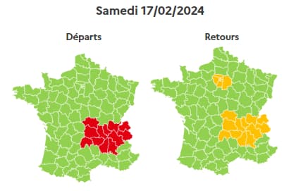 Une journée classée rouge dans le sens des départs en Auvergne-Rhône-Alpes, orange dans le sens des retours dans cette même région et en Ile-de-France.