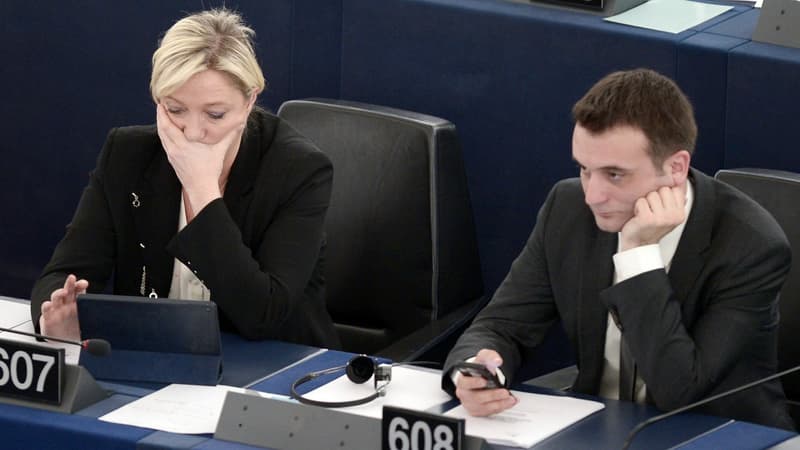 Marine Le Pen et Florian Philippot le 29 avril 2015 au Parlement européen.