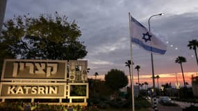 Entrée de la colonie israélienne Katzrin, dans le Golan syrien annexé par Israël, le 28 décembre 2021 