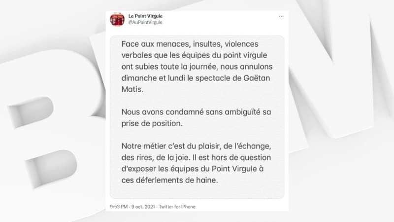 Le Point Virgule a annoncé annuler les prochaines représentations de Gaëtan Matis.