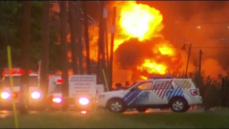 Incendies déclenchés, à Lac-Mégantic, au Québec, par la gigantesque explosion du convoi, transportant du pétrole brut.