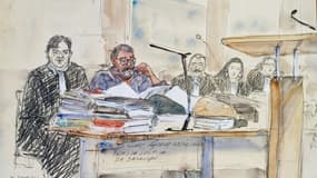 Croquis d'audience du 8 septembre 2025 montrant l'ancien anesthésiste Frédéric Pechier (2e g) et son avocat Randall Schwerdorffer (g) dans la salle du palais de justice de Besançon, dans le Doubs