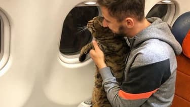Mikhaïl Galin avec son chat Victor dans l'avion.