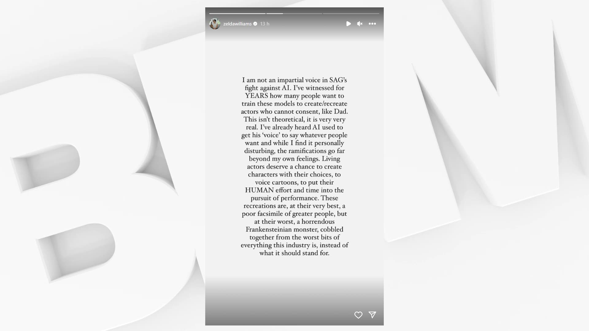 Une capture d'écran de la story Instagram de Zelda Williams contre la reproduction des acteurs décédés par IA