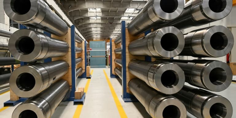 Des pièces de canons Caesar entreposées sur le site de l'usine d'armement KNDS à Bourges, le 21 mars 2025 dans le Cher