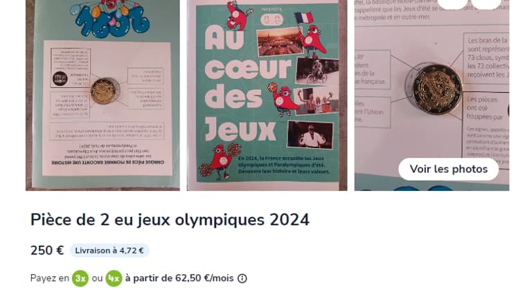 Une des pièces de deux euros des Jeux olympiques destinées aux écoliers, proposée à 250 euros sur le site de petites annonces leboncoin le 22 mars 2024. Une des pièces de deux euros des Jeux olympiques destinées aux écoliers, proposée à 250 euros sur le site de petites annonces leboncoin le 22 mars 2024.