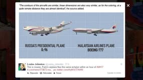Plusieurs utilisateurs sur Twitter, comme Louise Johnston, ont relayé ce montage photo des deux avions, celui de Malaysia Airlines et celui de Vladimir Poutine, publié par Russia Today.