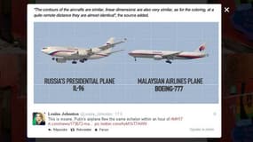 Plusieurs utilisateurs sur Twitter, comme Louise Johnston, ont relayé ce montage photo des deux avions, celui de Malaysia Airlines et celui de Vladimir Poutine, publié par Russia Today.