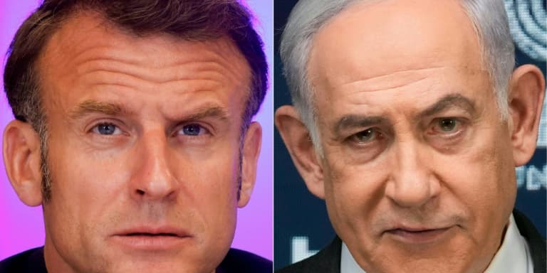 Combo des photos du président français Emmanuel Macron et du Premier ministre israélien Benjamin Netanyahu
