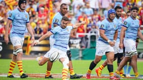 Melvyn Jaminet qui bute avec Perpignan le 12 juin 2022, lors du match d'accession