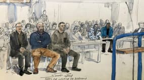 Croquis d'audience du 9 janvier 2024 montrant les trois policiers coaccusés de violences sur le jeune Théo Luhaka, durant leur procès devant la cour d'assises de Seine-Saint-Denis à Bobigny 