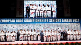 L'équipe de France de judo sur la plus haute marche du podium à l'Euro de Zagreb, 28 avril 2024
