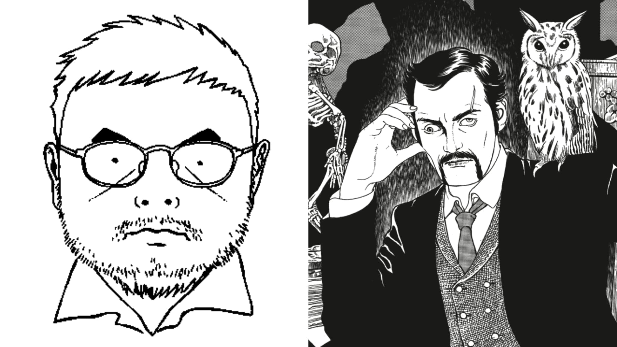 Autoportrait du mangaka Suehiro Maruo et un personnage de son manga "Tomino la maudite"