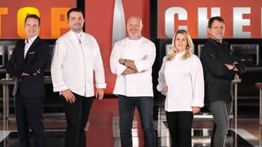 L'animateur de Top Chef, Stéphane Rotenberg et le Jury de l'émission: Jean-François Piège, Philippe Etchebest, Hélène Darroze et Michel Sarran