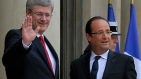 François Hollande et Stephen Harper, à l'Elysée. Le Premier ministre Canadien , partisan de la rigueur budgétaire, et le Français, chantre de la croissance, se sont rencontrés jeudi à Paris pour préparer notamment le sommet du G20 de la fin du mois au Mex
