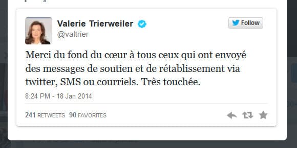 Le tweet de remerciements de Valérie Trierweiler.