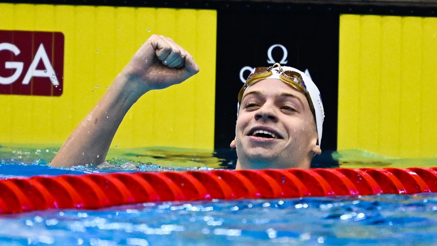 Léon Marchand lors des championnats du monde de natation à Fukuoka (Japon), le 23 juillet 2023